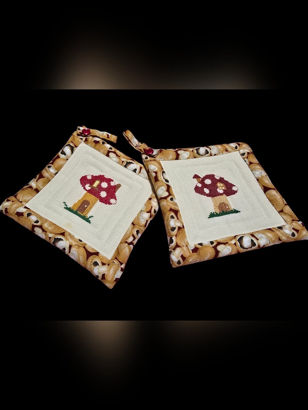 Handmade Red Mushroom Cross-Stitch Potholders - Set of 2